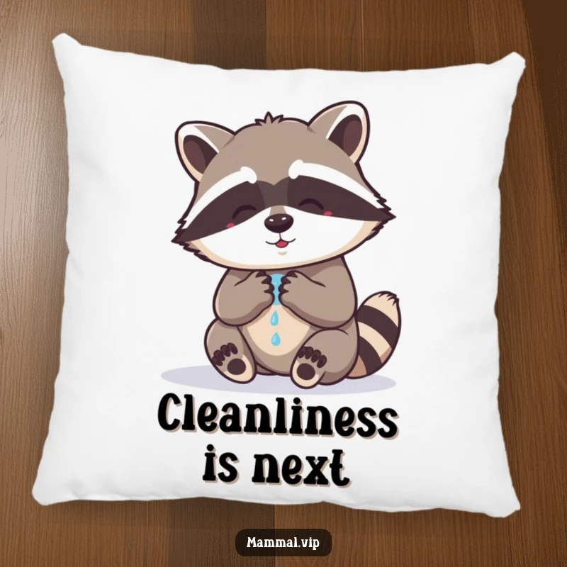Funny raccoon pillow showcasing a cute raccoon character engaged in the act of washing its paws, a humorous and relaxing visual.