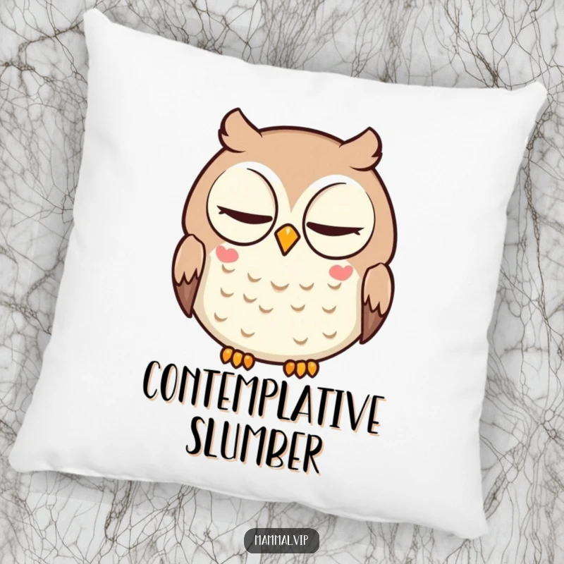 Funny pillow featuring a round, intelligent owl character slowly blinking, offering comfort and a touch of humor.