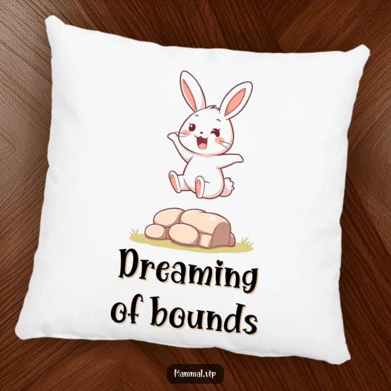 Funny Pillow showing a cute, bouncy rabbit character in mid-leap, overcoming a tiny barrier with pure, unadulterated joy.