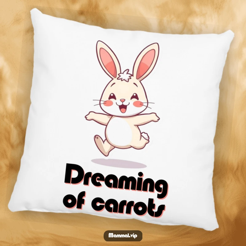 Funny rabbit hopping joyfully, a humorous and soft pillow for a happy home.