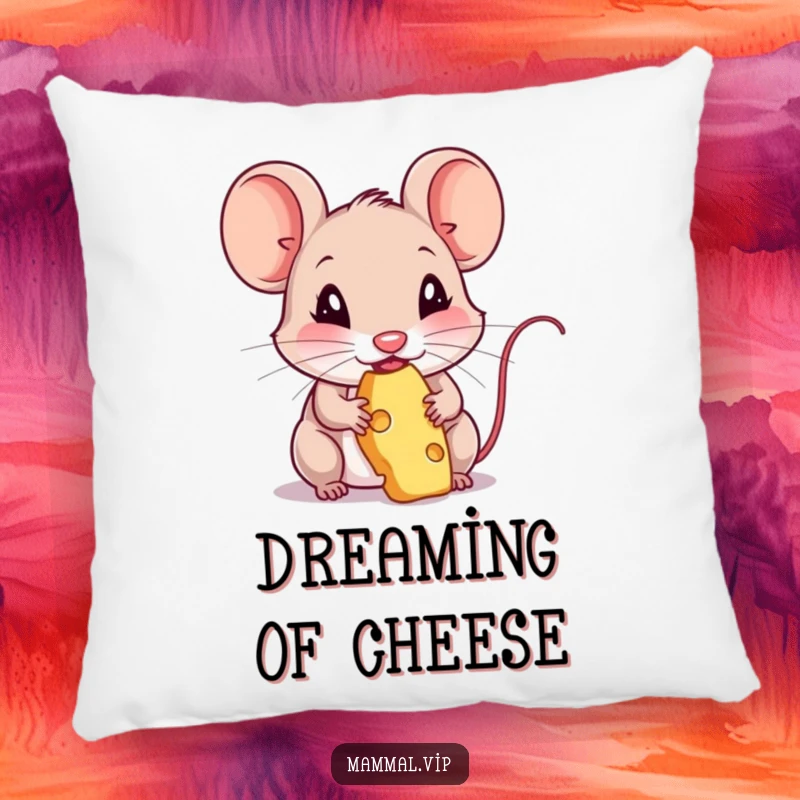Funny pillow featuring a mouse character happily nibbling on cheese. A soft and humorous decorative item.