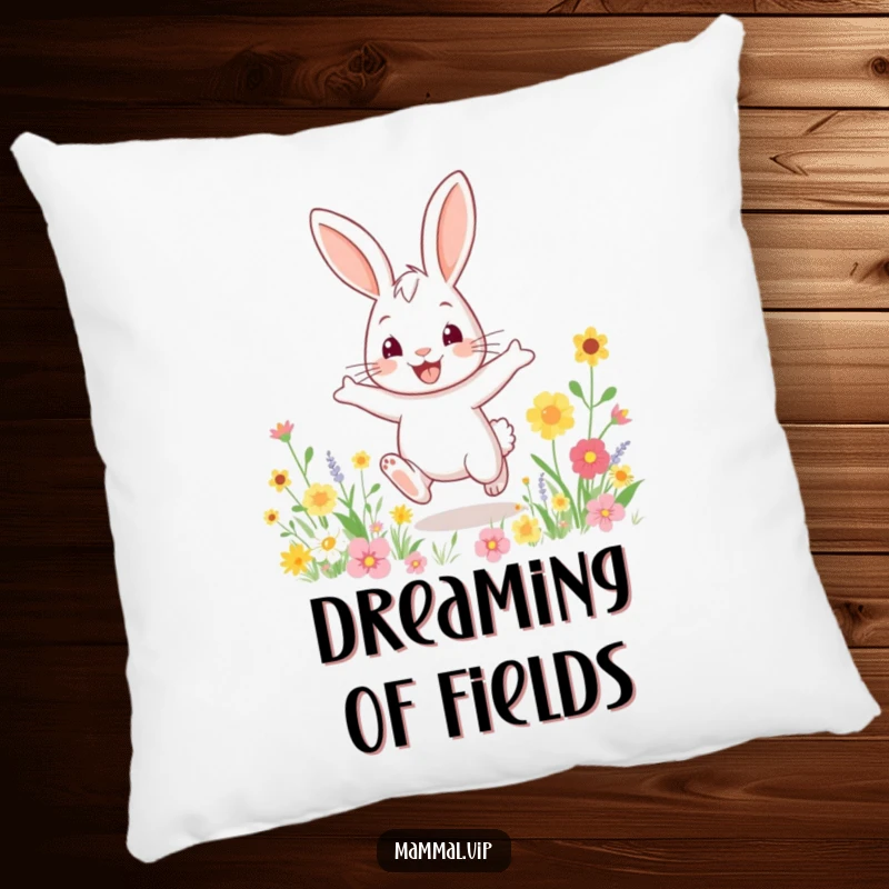 Funny pillow featuring a bouncy rabbit character enthusiastically hopping in a field of colorful flowers, ideal for cozying up.