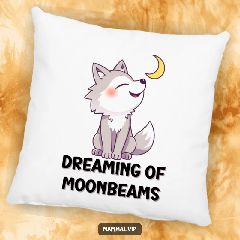 Funny wolf pillow illustrated with a cheerful wolf howling joyfully at a celestial crescent moon, offering soft, humorous comfort.