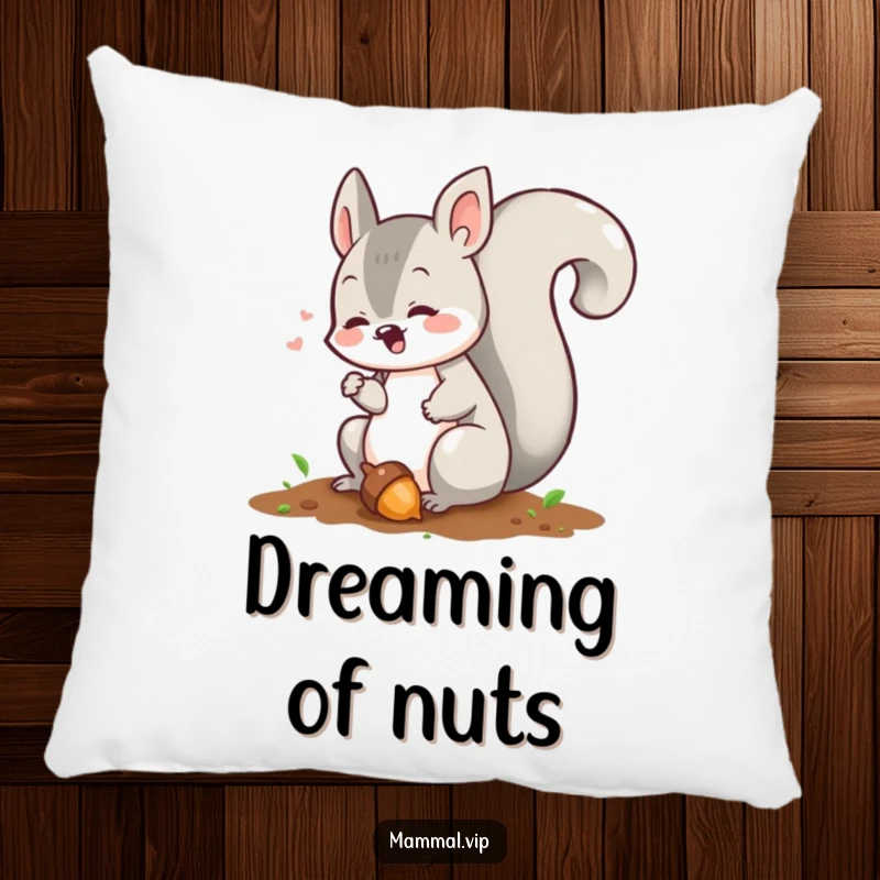 Funny squirrel pillow with a chattering character burying an acorn, offering comfort and a touch of woodland humor.