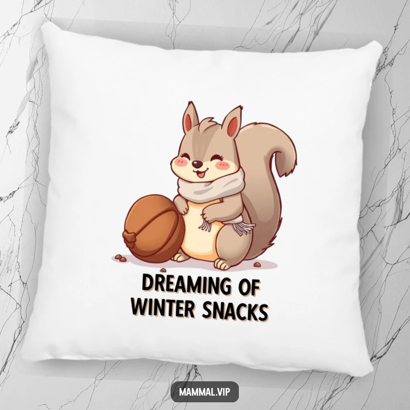 Funny pillow: a squirrel with a scarf burying a nut, perfect for adding cozy winter decor.