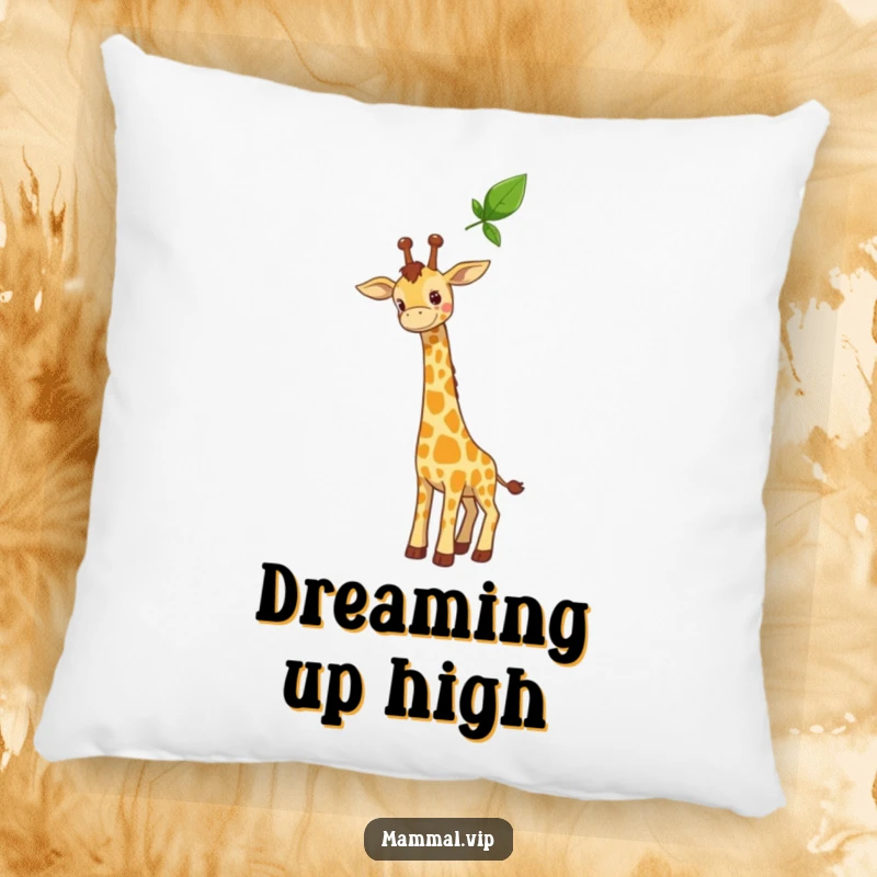 Funny pillow with a curious giraffe character stretching its long neck towards a high leaf, offering comfort and a touch of playful aspiration.
