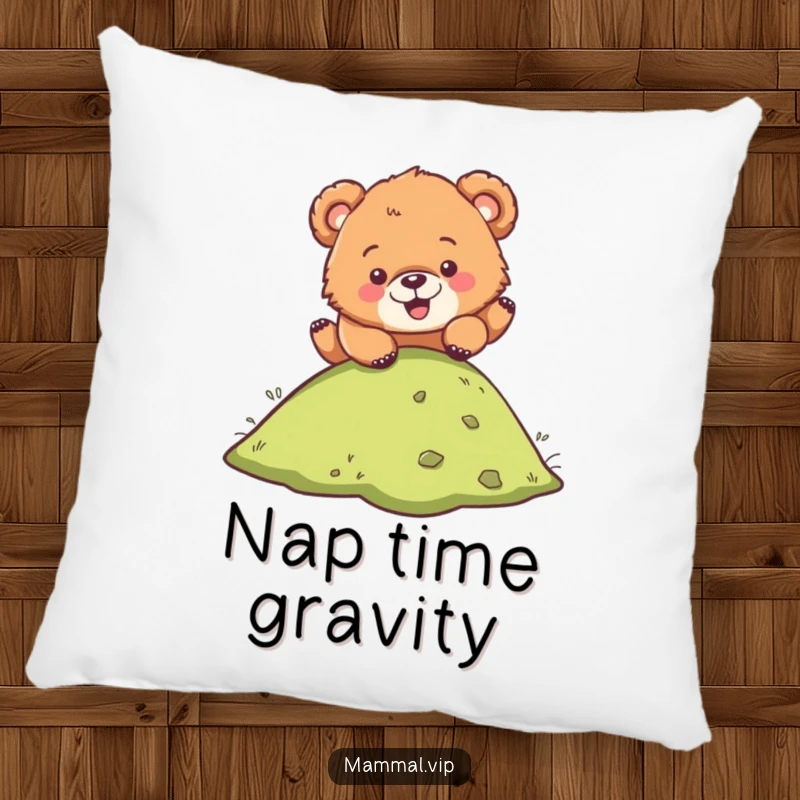 Funny pillow featuring a cute bear cub character hilariously tumbling down a grassy slope, perfect for cozying up with a laugh.