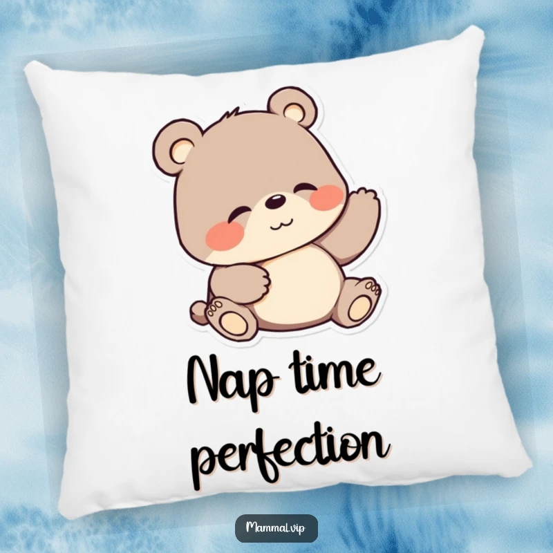 Funny pillow featuring a cartoon bear with a wide smile scratching its belly, symbolizing ultimate comfort and relaxation.