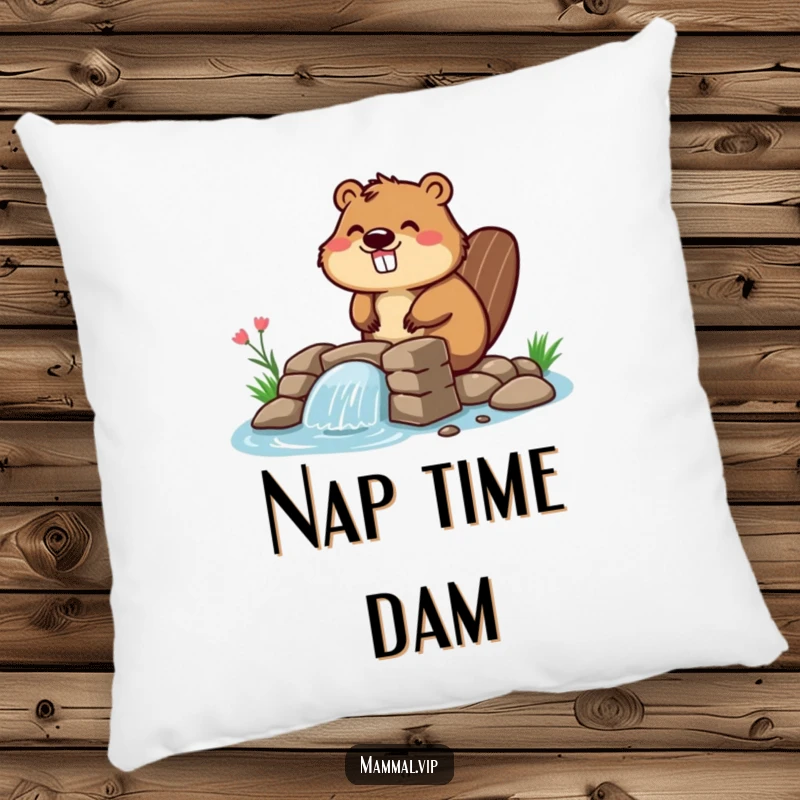 Funny beaver pillow with a smiling character building a small dam, offering comfort and a humorous accent for sofas and beds.