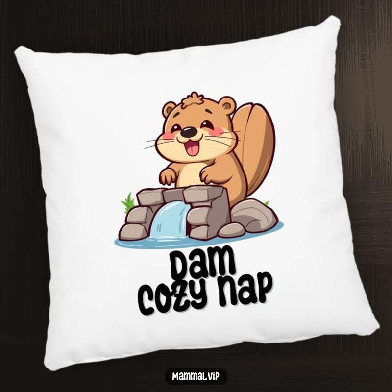 Funny beaver pillow featuring a happy beaver building a dam, offering soft, humorous comfort and a can-do spirit.