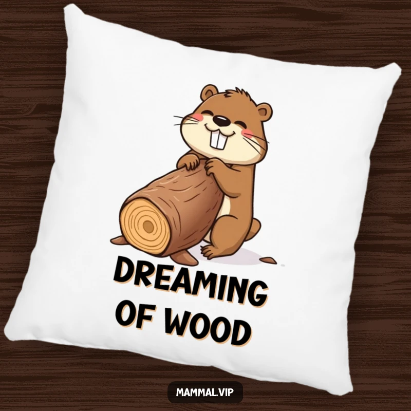 Funny beaver pillow featuring a happy cartoon beaver gnawing a huge log, a soft and humorous decorative item.
