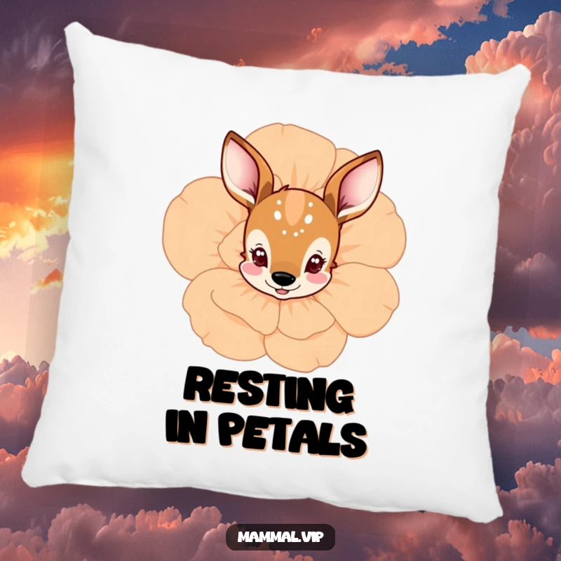 Funny deer peeking from behind a flower pillow, depicting a curious character among blooms, adds cozy charm and is a funny gift.