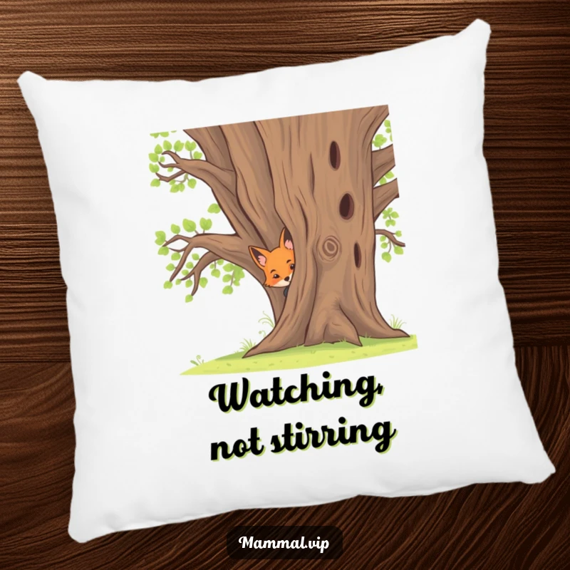 Funny pillow featuring a curious fox kit peeking out from behind a large oak tree, adding cozy charm to any room.