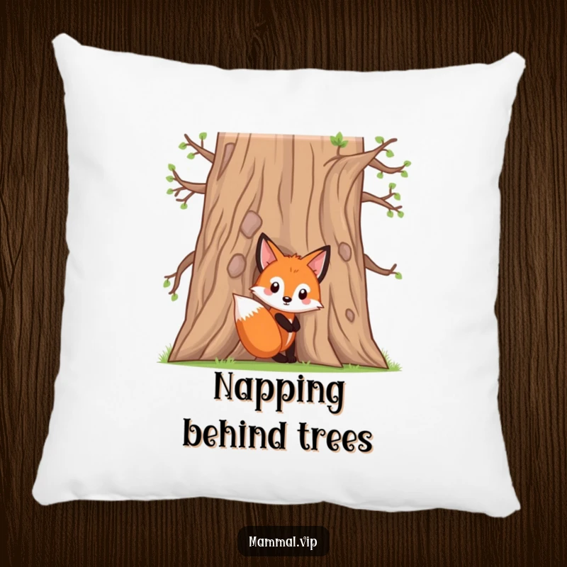 Funny fox kit pillow with a curious character peeking from behind an oak tree, offering comfort and woodland charm.