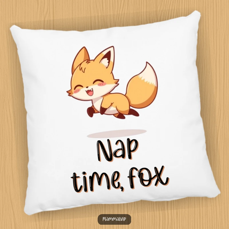 Funny playful fox character chasing its tail, depicted on a pillow, a humorous animal and nature-themed decor gift.