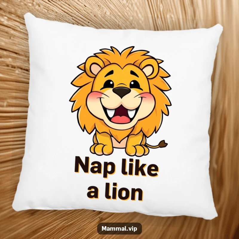 Funny pillow with a happy lion character roaring with a wide, toothy grin, offering comfort and a burst of joyful energy.