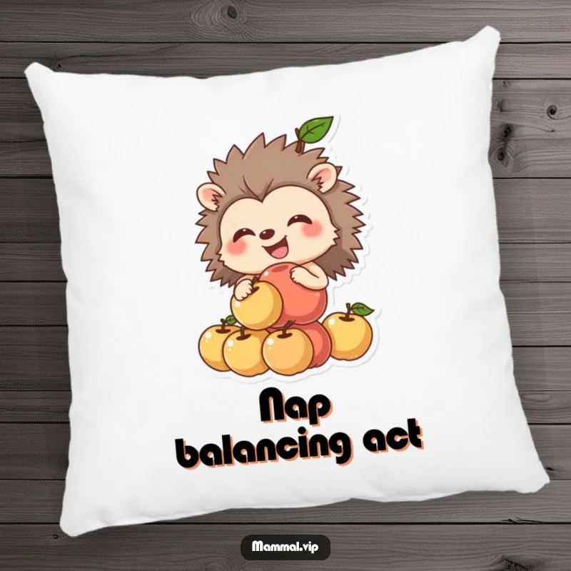 Funny hedgehog pillow featuring a grinning hedgehog balancing a stack of apples, offering soft, humorous comfort and charm.