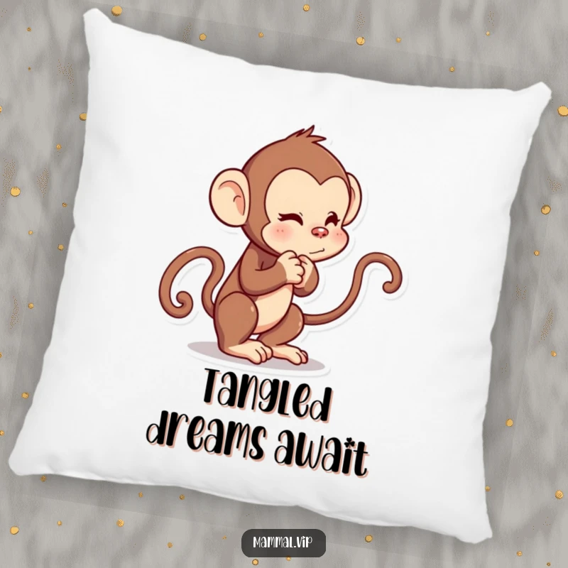 Funny pillow featuring a cartoon monkey character playfully tugging its own tail, adding comfort and humor.