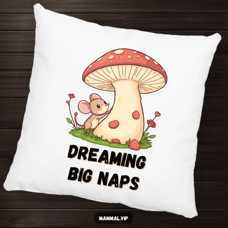 Funny pillow featuring a tiny mouse character excitedly exploring a giant mushroom, perfect for cozying up with dreams.