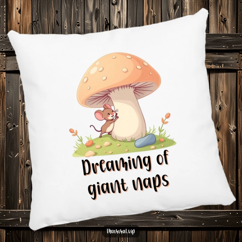 Funny tiny mouse pillow with a character excitedly exploring a giant mushroom, offering comfort and a sense of whimsical adventure.