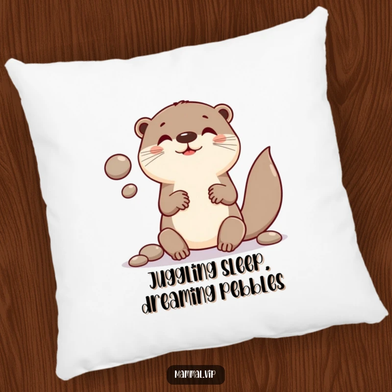 Funny pillow with a cute otter character juggling smooth, round pebbles, adding a touch of whimsy.