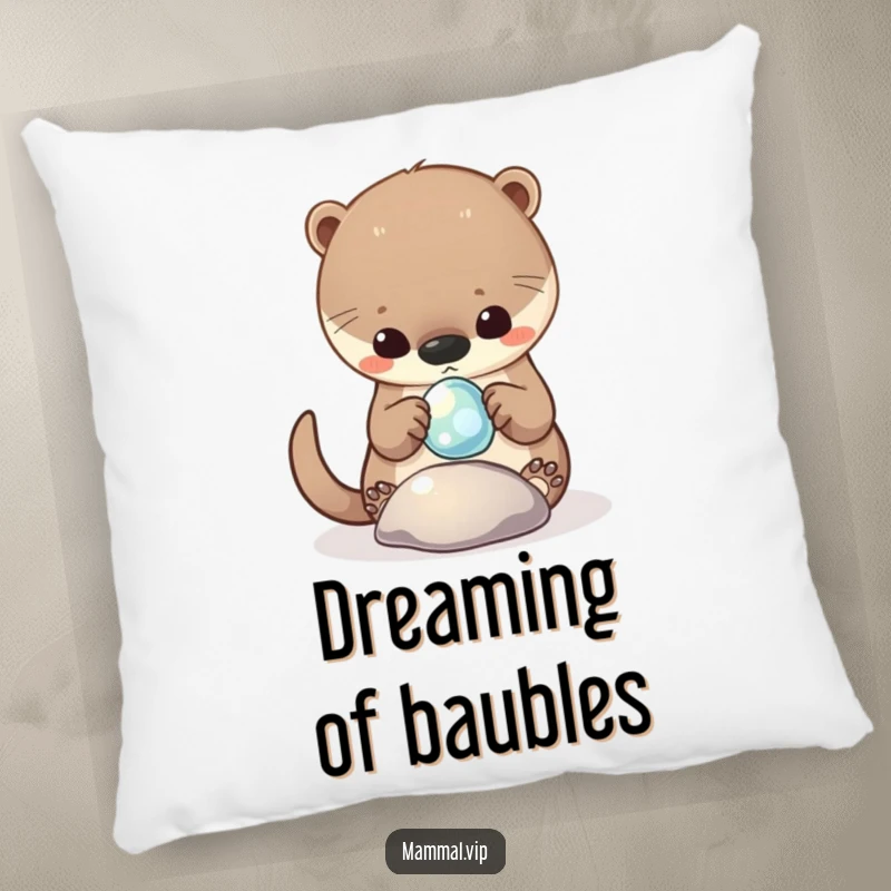Funny Pillow depicting a curious otter character playing with a shiny, floating pebble, bringing comfort and smiles.