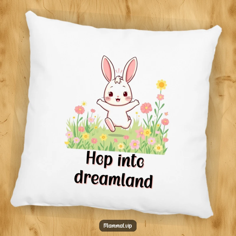 Funny bouncy rabbit pillow with a character enthusiastically hopping through a field of flowers, offering comfort and cheerful vibes.