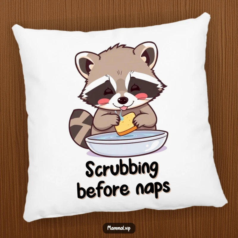Funny Raccoon Pillow: A playful raccoon character meticulously washes its food, offering soft comfort and a humorous, tidy touch.