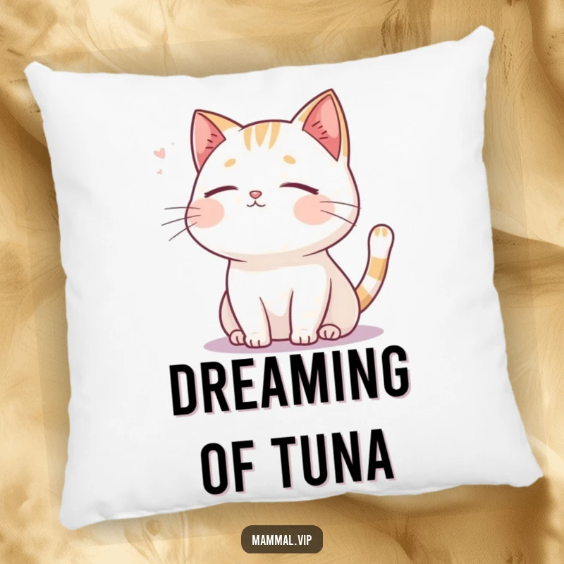 Funny cat pillow, a serene cartoon cat with closed eyes, relaxing contentedly in a gentle, soothing breeze.