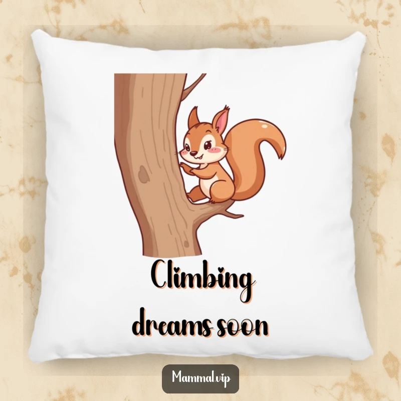 Funny pillow featuring an energetic squirrel character scampering up a tree. A soft and humorous decorative item.