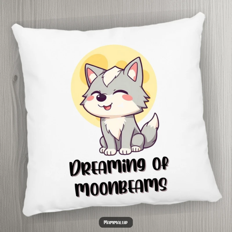 Funny pillow with a winking wolf character happily howling at a full moon, providing comfort with a touch of nocturnal humor.