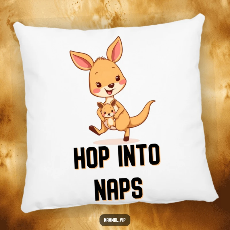 Funny kangaroo pillow with a happy character hopping with a joey, offering cozy comfort and a humorous touch for sofas and beds.