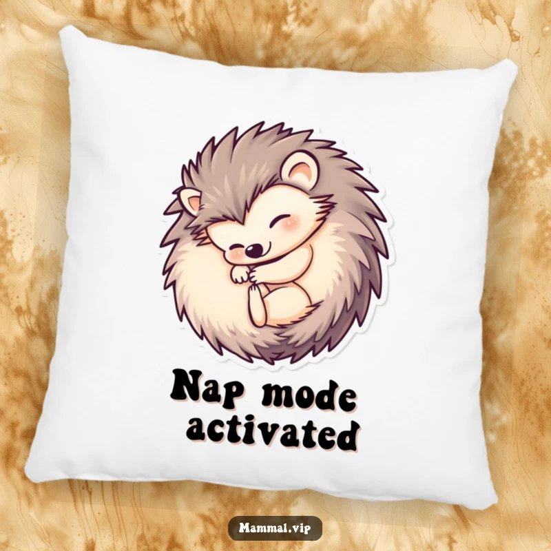 Funny hedgehog pillow showcasing a lovable hedgehog character curled into a peaceful ball, offering comfort and a humorous visual for any room.