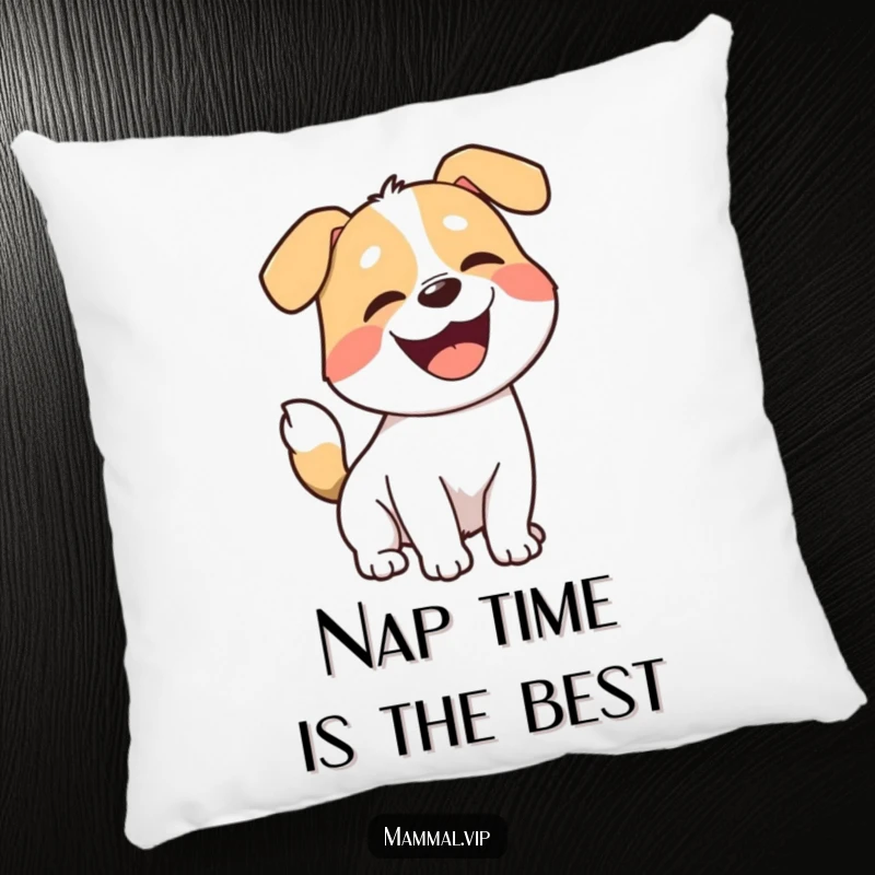 Funny dog pillow, a joyful cartoon dog with a wagging tail, barking playfully, offering comfort and a dose of humor.