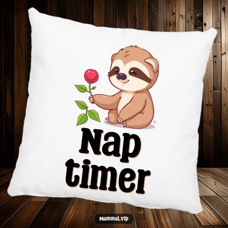 Funny pillow with a smiling sloth character slowly reaching for a distant berry, a cute and humorous decorative item.
