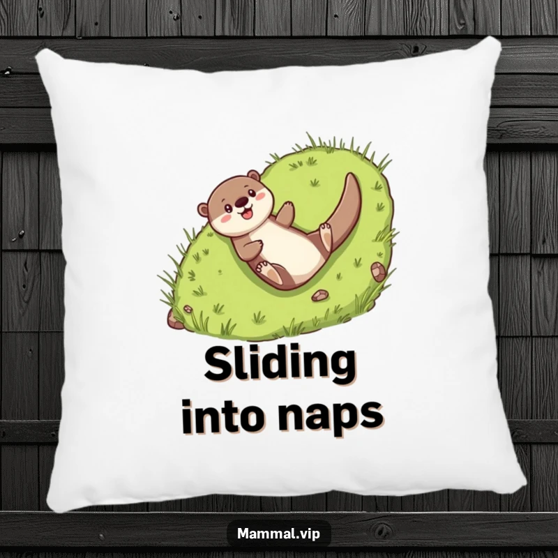 Funny Pillow: Cheerful otter character joyfully sliding down a grassy hill.