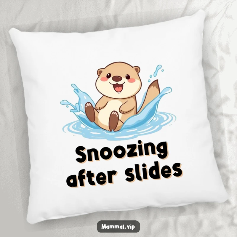 Funny happy otter character on a pillow, sliding down a water splash, offering soft comfort and playful cheer.