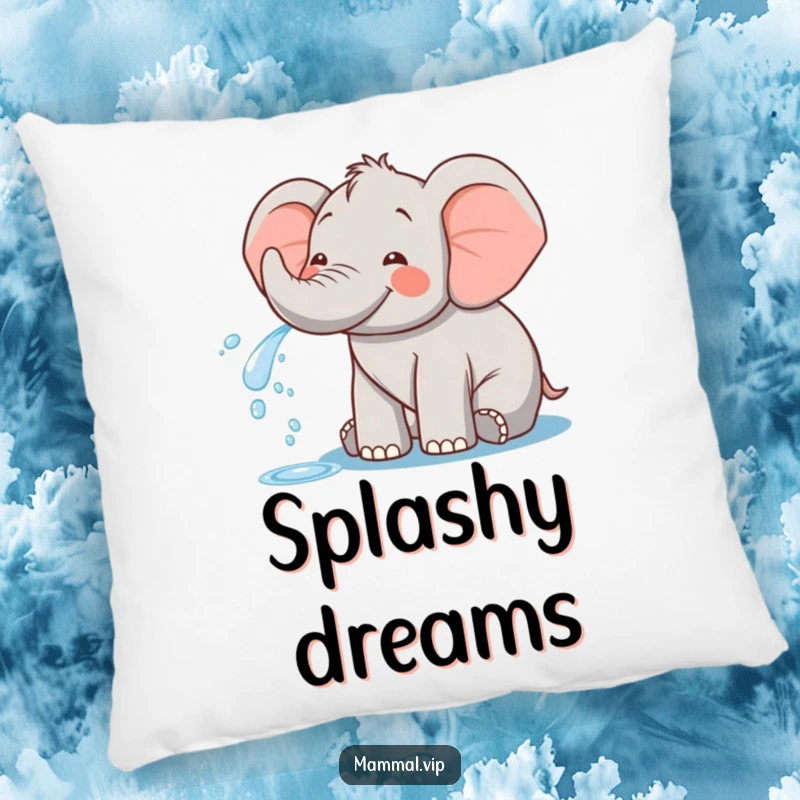 Funny pillow with a happy elephant character playfully spraying water from its trunk, offering comfort with a touch of aquatic fun.