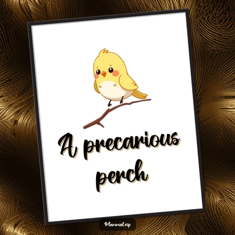 Funny digital art print of a chirpy bird character balancing on a single skinny branch, bringing gentle nature humor to wall decor.