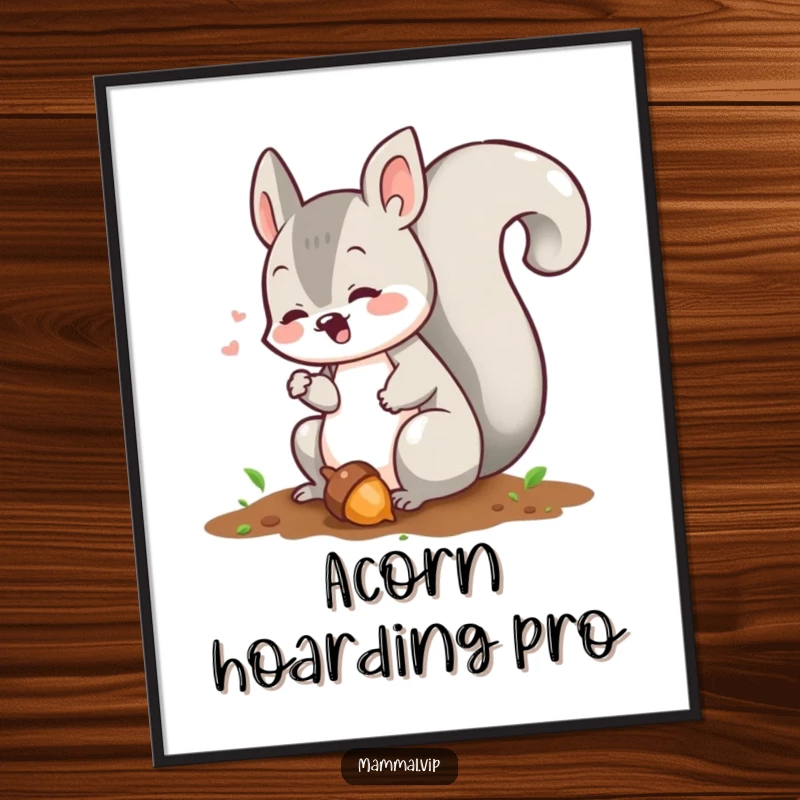 Funny squirrel digital art print showing a chattering character burying an acorn, ideal for instant humorous wall decor.