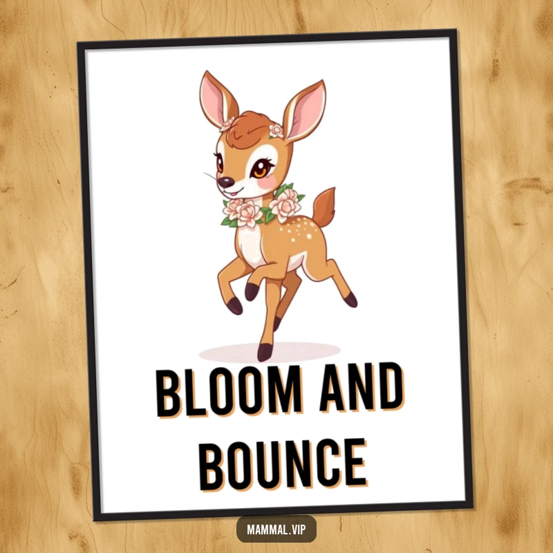 Funny deer fawn with flower garland prancing as digital art. Instant download for whimsical decor.