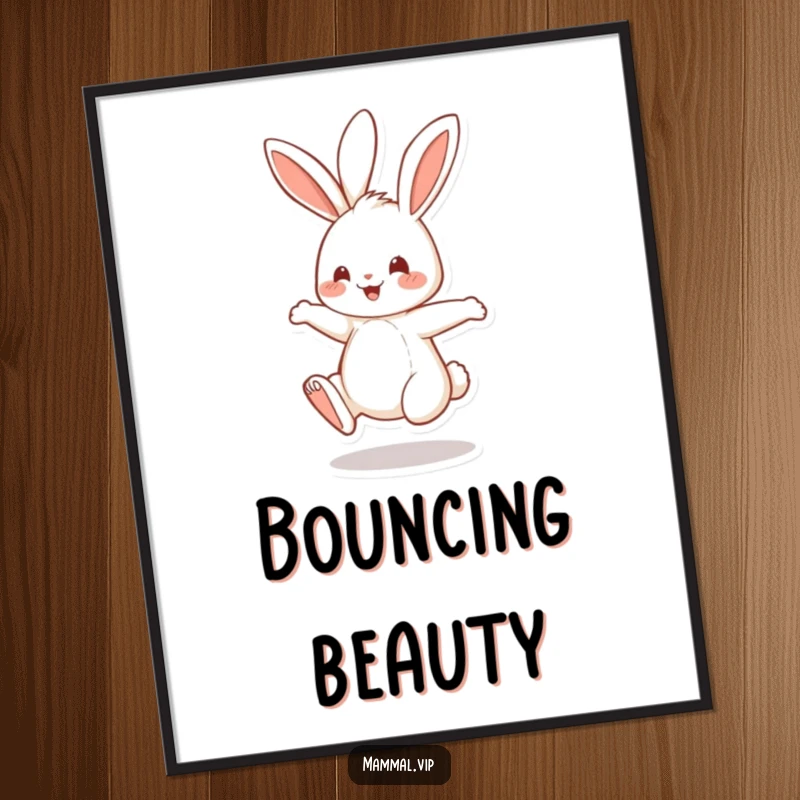 Funny Digital Art Print of a cheerful rabbit character energetically bouncing on its hind legs, capturing pure happiness and movement.