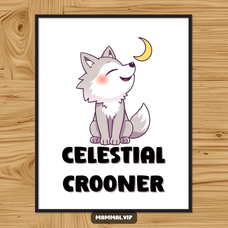 Funny wolf digital art print featuring a cheerful wolf howling gleefully at a mystical crescent moon, perfect for instant humorous decor.