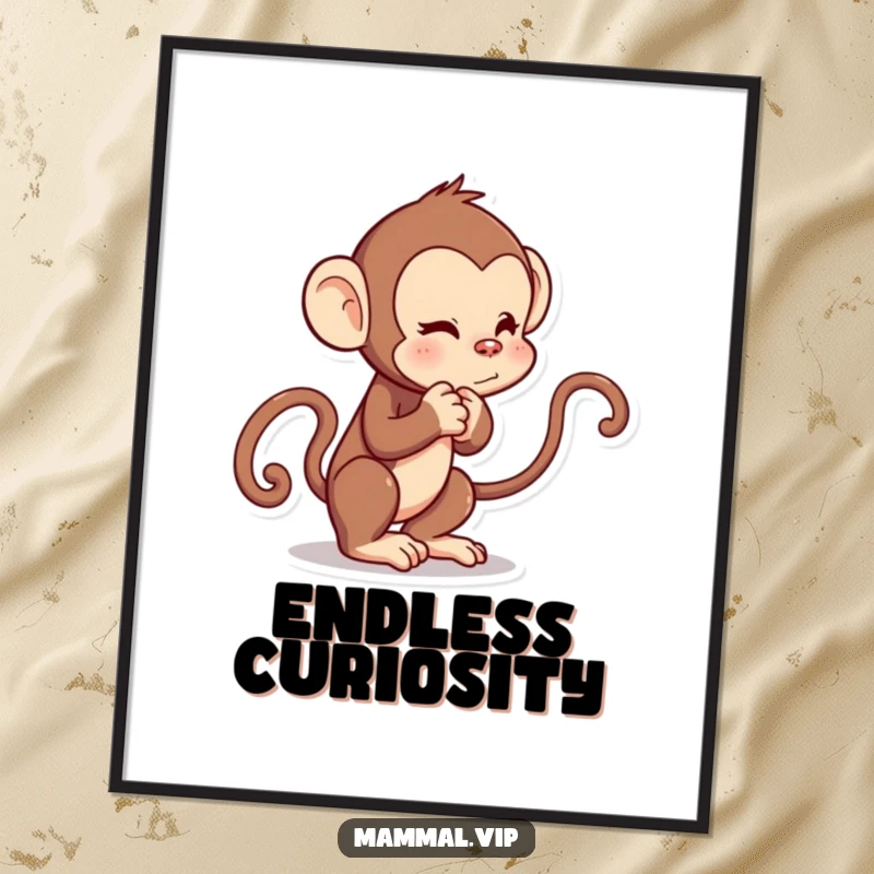 Funny digital art of a curious cartoon monkey character playfully tugging its own tail, full of mischief.