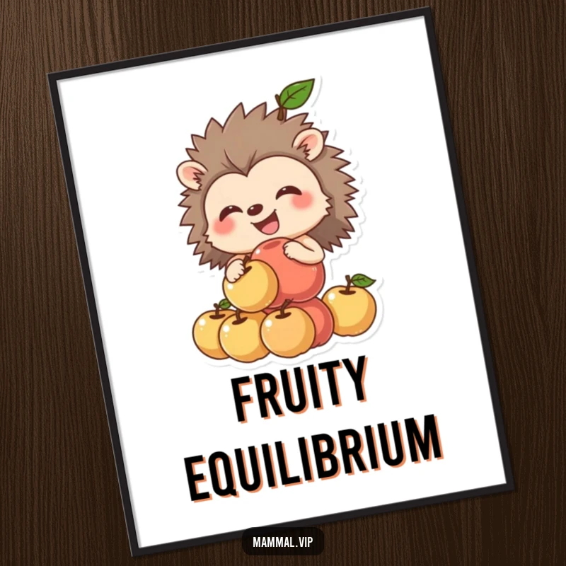 Funny hedgehog digital art print of a grinning hedgehog humorously balancing a stack of apples, perfect for instant whimsical decor.