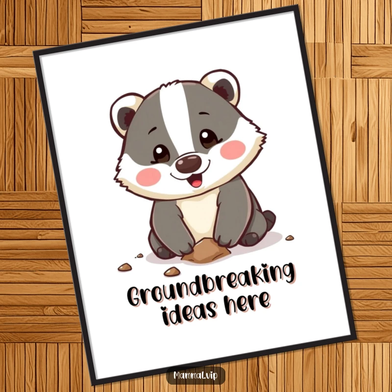 Funny Digital Art Print of a happy badger character digging enthusiastically with its paws, conveying energetic motivation and cheerful determination for instant decor.