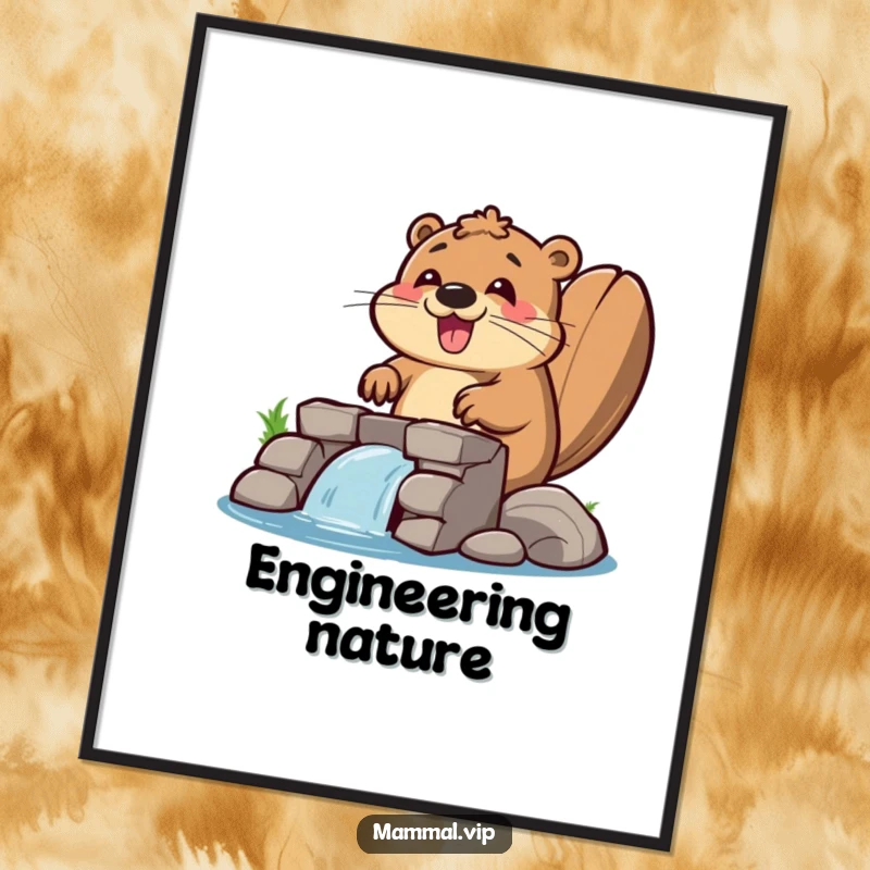 Funny beaver digital art print of a happy beaver enthusiastically building a dam, perfect for adding industrious humor to decor.