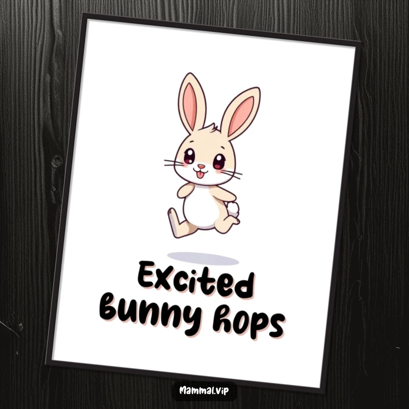 Funny digital art print of a small bunny character with long ears, excitedly hopping on one leg, offering instant cheerful decor.