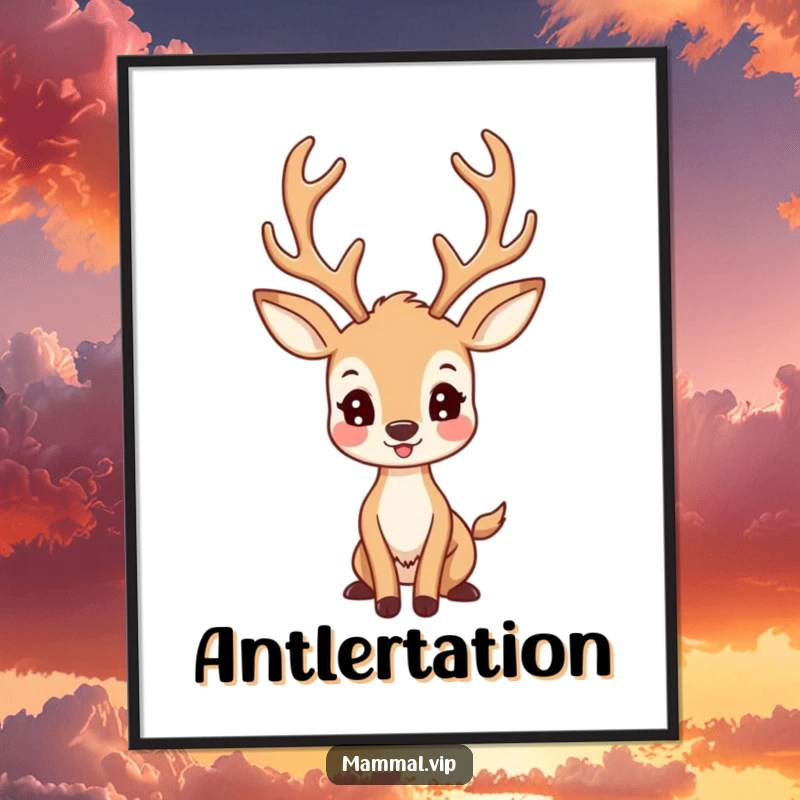 Funny Deer Digital Art Print: A happy deer character with large antlers posing proudly, majestic and beautiful.