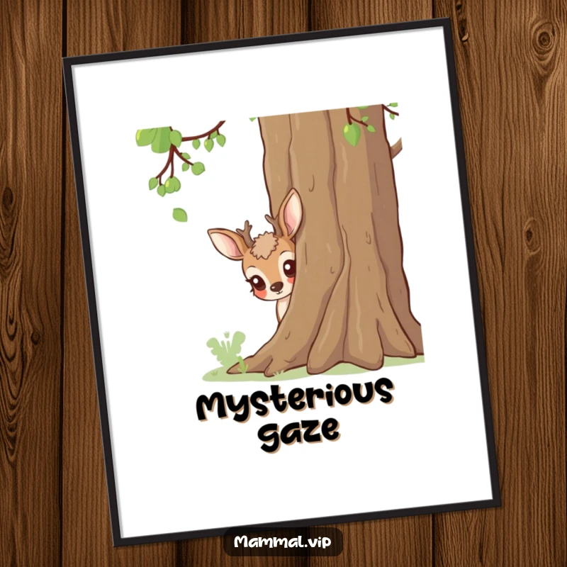 Funny deer illustration peeking from behind a tree, a humorous and charming digital print.